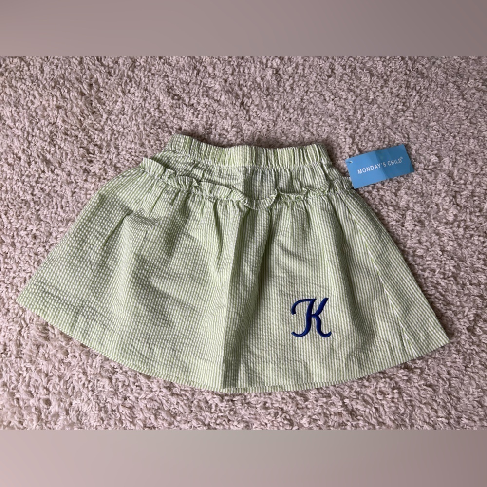 Kids size 5 Green “K” Embroidered Seersucker Skirt NWT